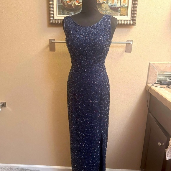 VINTAGE SILK CACHE Sequin 100% Silk Navy Blue Dress SM Formal Slit Floor Length - Picture 1 of 16